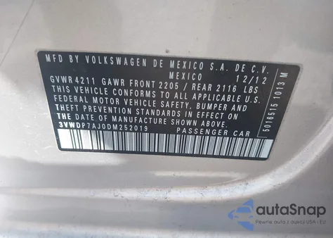 2013 Volkswagen Jetta 2.5L Se из США, поврежденный, VIN 3VWDP7AJ0DM252019